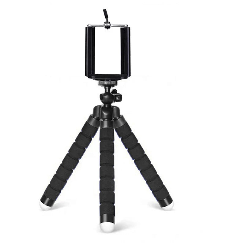 Black mini phone tripod stand with clamp and flexible legs