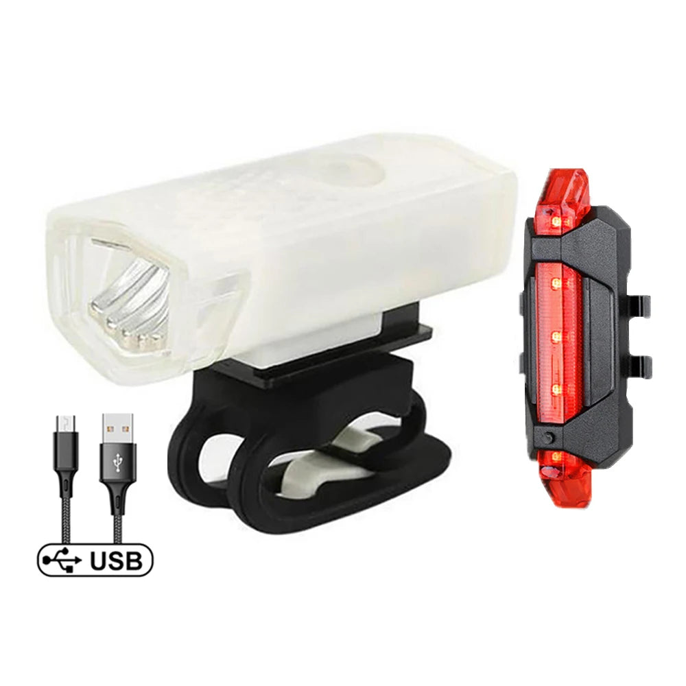 USB rechargeable bike light set with white front light and red rear tail light