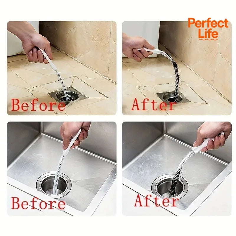 Flexible white hair clog cleaning brush for sink drain pipe, shown in use