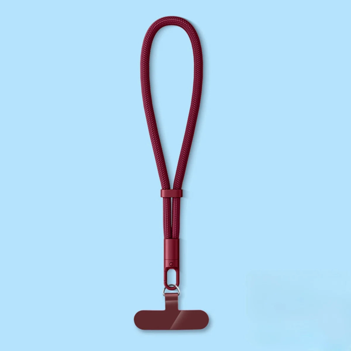 Wine red polyester phone wrist strap with self-locking anti-drop clip and loop