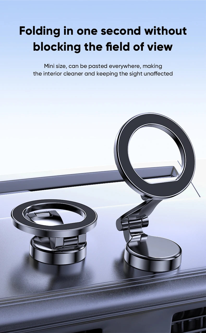 Black foldable MagSafe car phone holder with ring and base near car vent grille