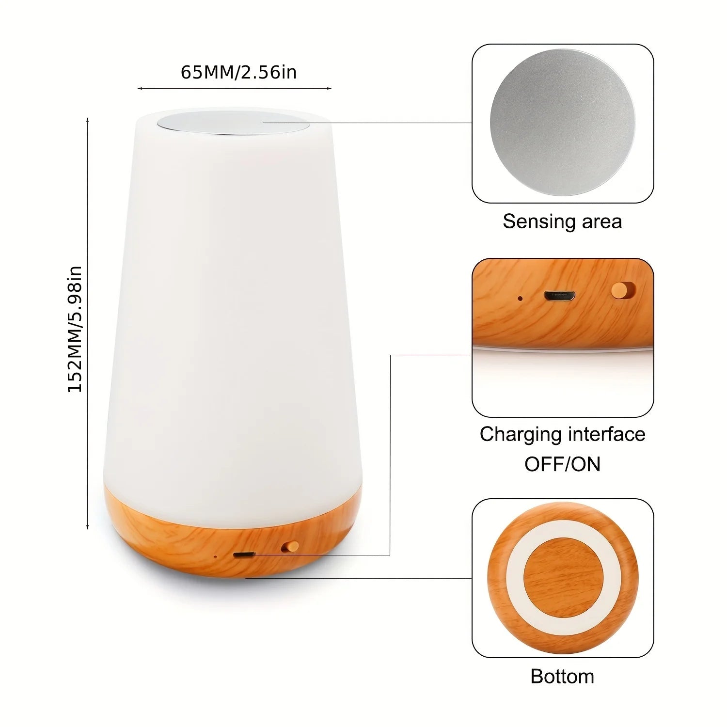 White rechargeable touch night lamp with wood base, charging port, and sensing area.