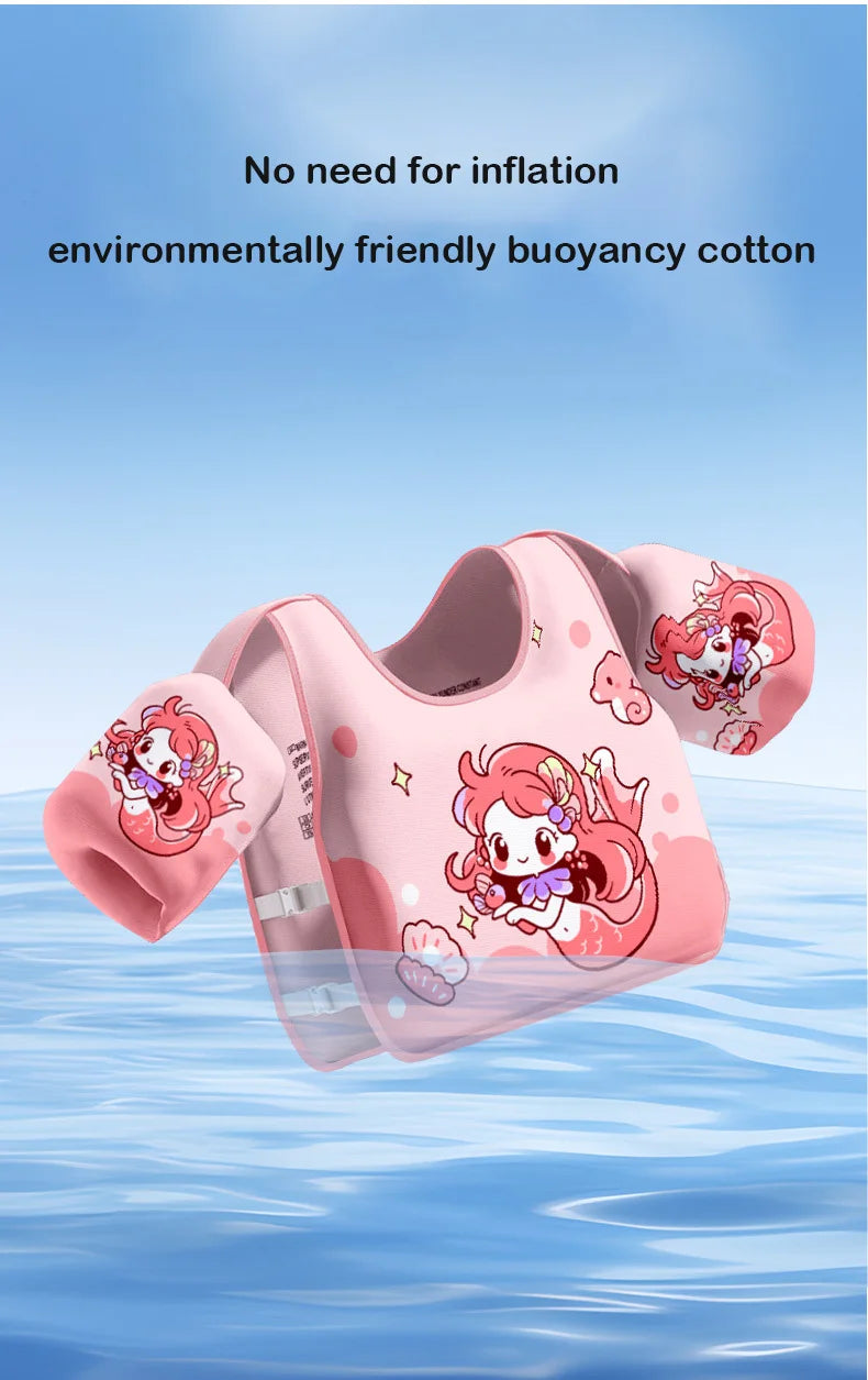 Pink non-inflation swim buoyancy vest with arm floats and cartoon animal print