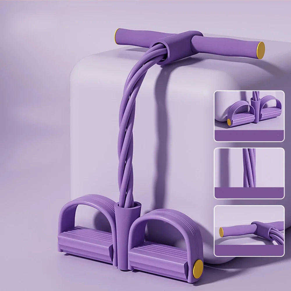 Purple 4-tube resistance band yoga pedal puller with cushioned foot pedals, angled