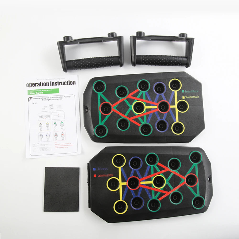 Foldable push-up board set with handles and multi-grip rings with instruction sheet