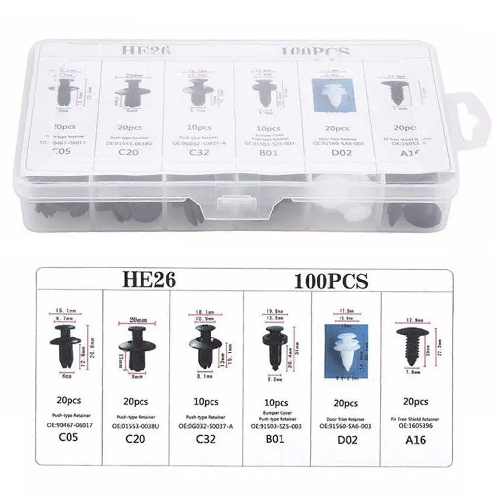 Auto push retainer clip kit organizer tray with labeled compartments and black clips