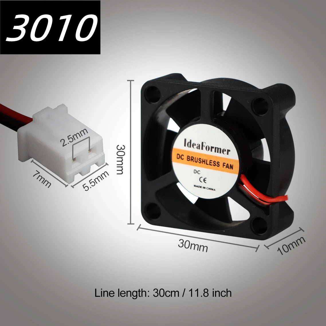 30mm brushless DC cooling fan with black blades and red/black 2-pin wires