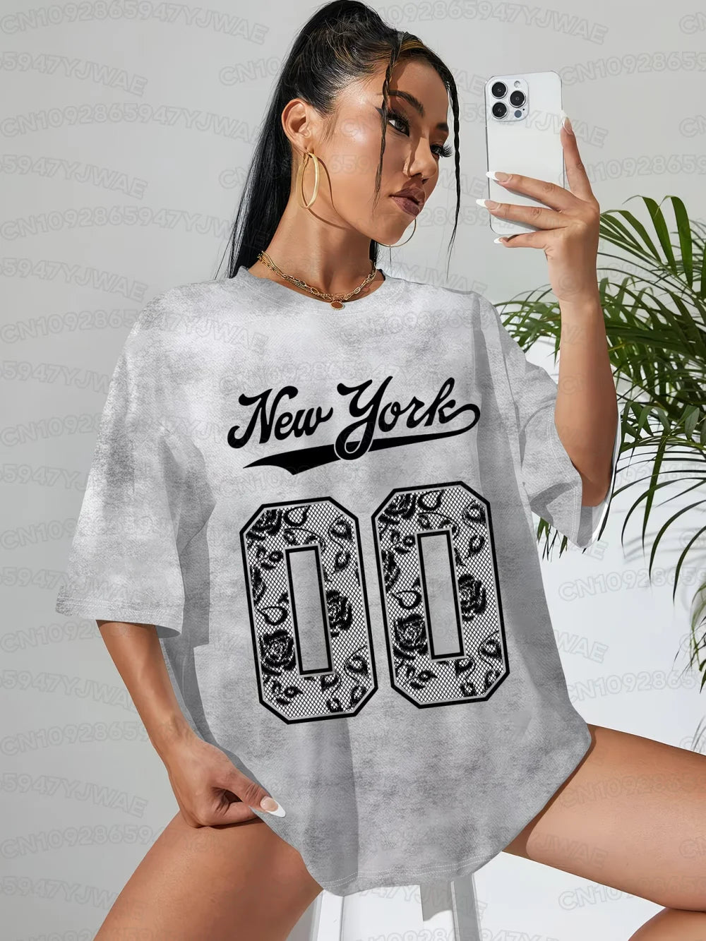 V-neck short-sleeve tie-dye T-shirt in heather gray with 'New York 10' graphic