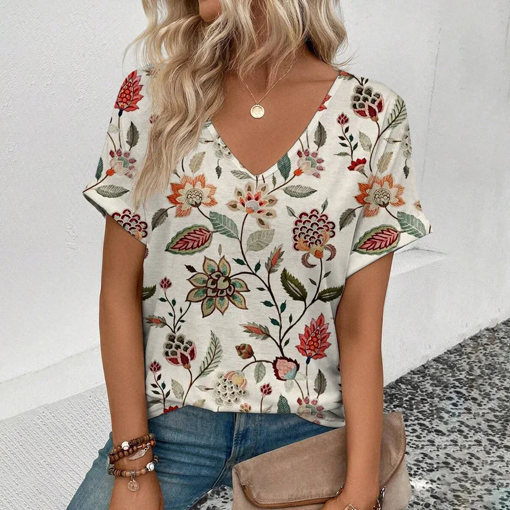 Women's plus-size V-neck t-shirt with short sleeves and cream floral garden print