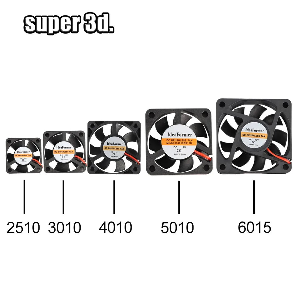 Multiple black DC brushless turbo fans with size labels 2510, 3010, 4010, 5010, 6015.