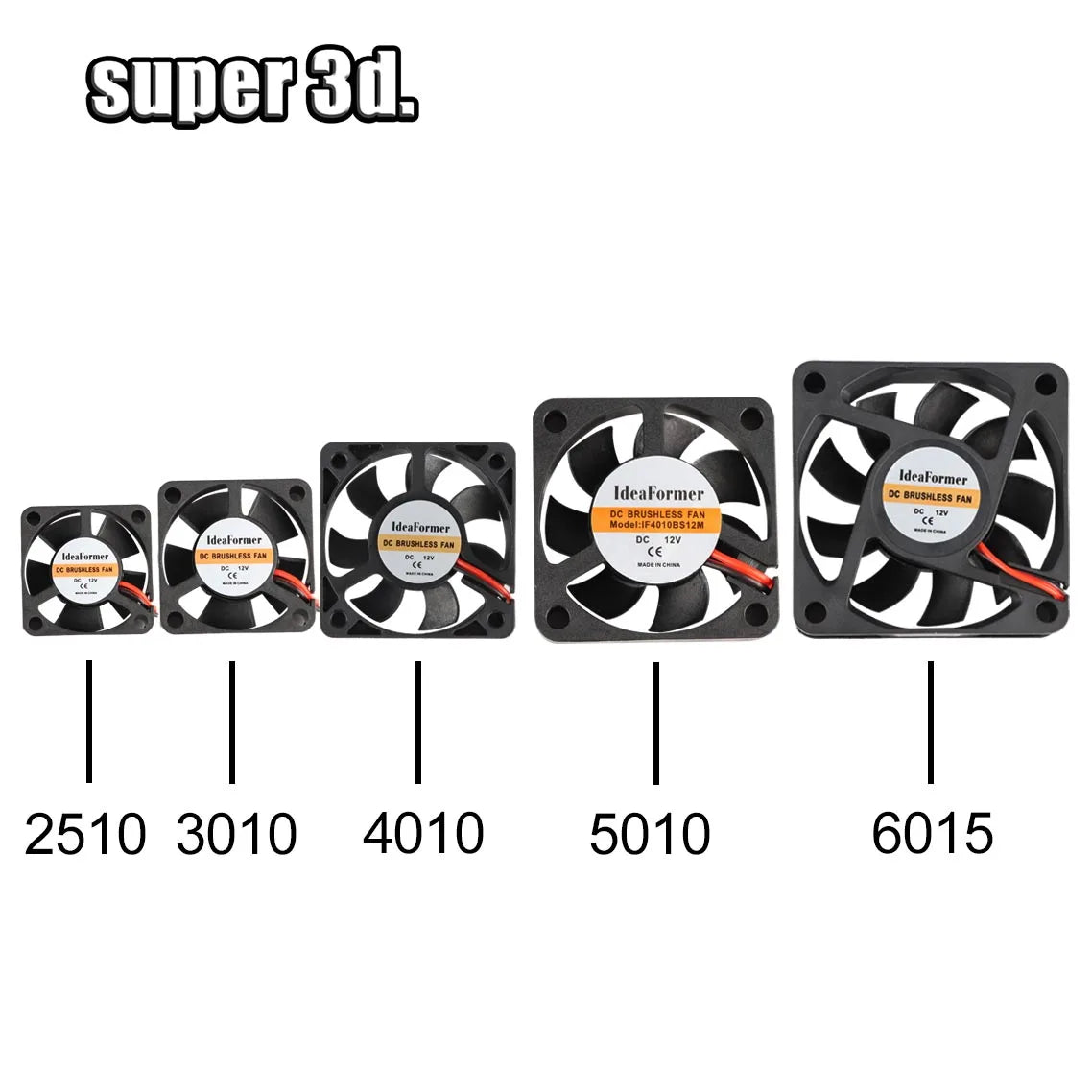 Multiple black DC brushless turbo fans with size labels 2510, 3010, 4010, 5010, 6015.