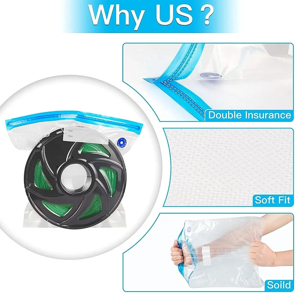 Vacuum filament storage bag with valve and soft-fit sealing design