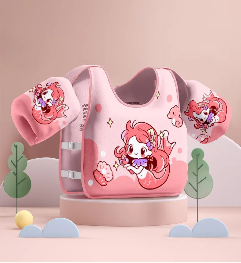 Pink kids swim buoyancy vest with cartoon mermaid print and short arm float sleeves, front straps