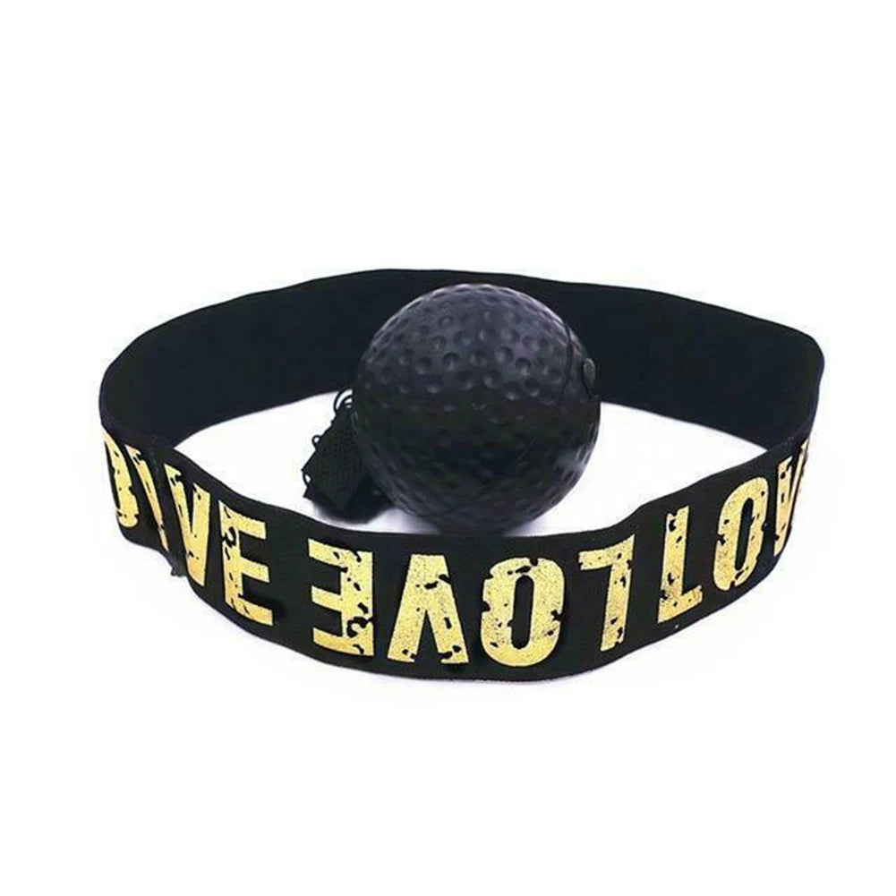 Black reflex punch ball on black headband with gold “I LOVE” lettering
