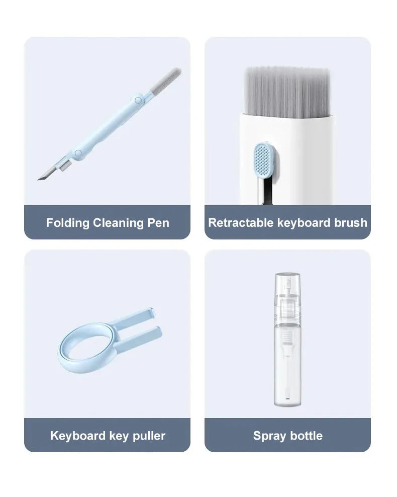 Keyboard cleaning tool set with folding pen, retractable brush, key puller, spray