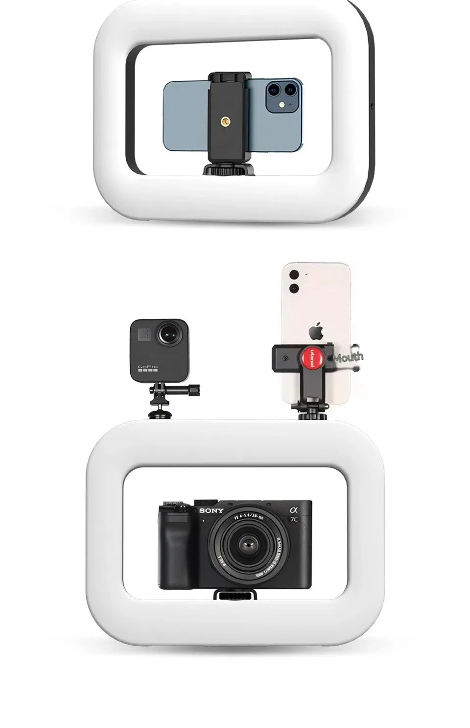 Folded LED fill light with phone mount and camera mount attachments on white base