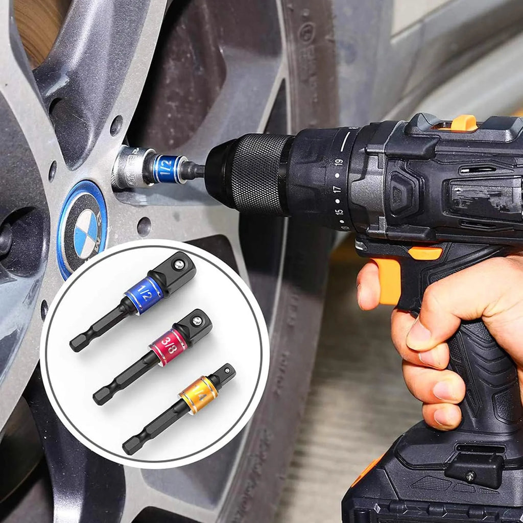 105° angle socket adapter attached to a power drill with colored drive tips
