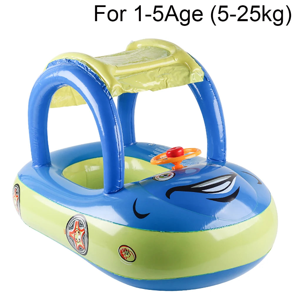Blue and lime inflatable car-shaped pool float for toddlers with clear canopy arch