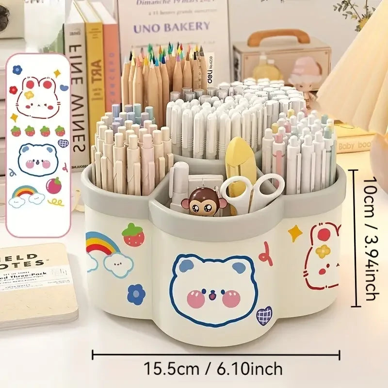 Cream rotating pen holder organizer with bear graphic, holds pens and stationery