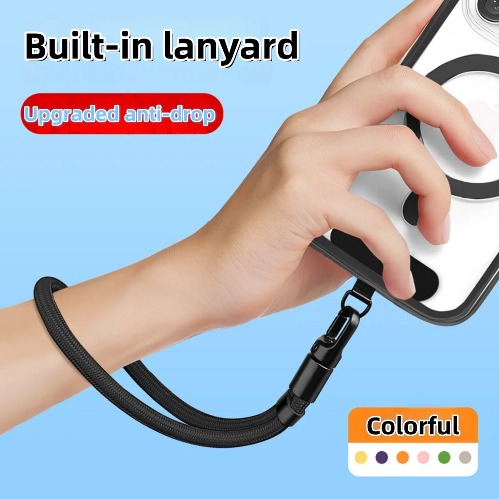 Black built-in adjustable phone lanyard with self-locking clip and wrist loop.