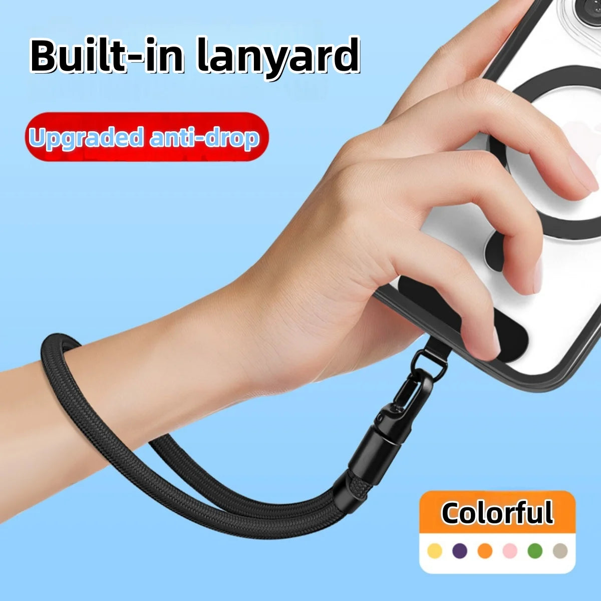 Black built-in adjustable phone lanyard with self-locking clip and wrist loop.