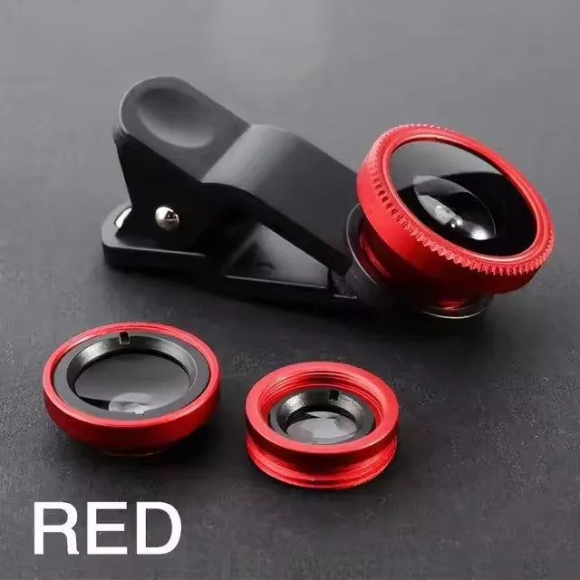 3-in-1 fisheye wide-angle smartphone lens kit with red lens and black phone clip