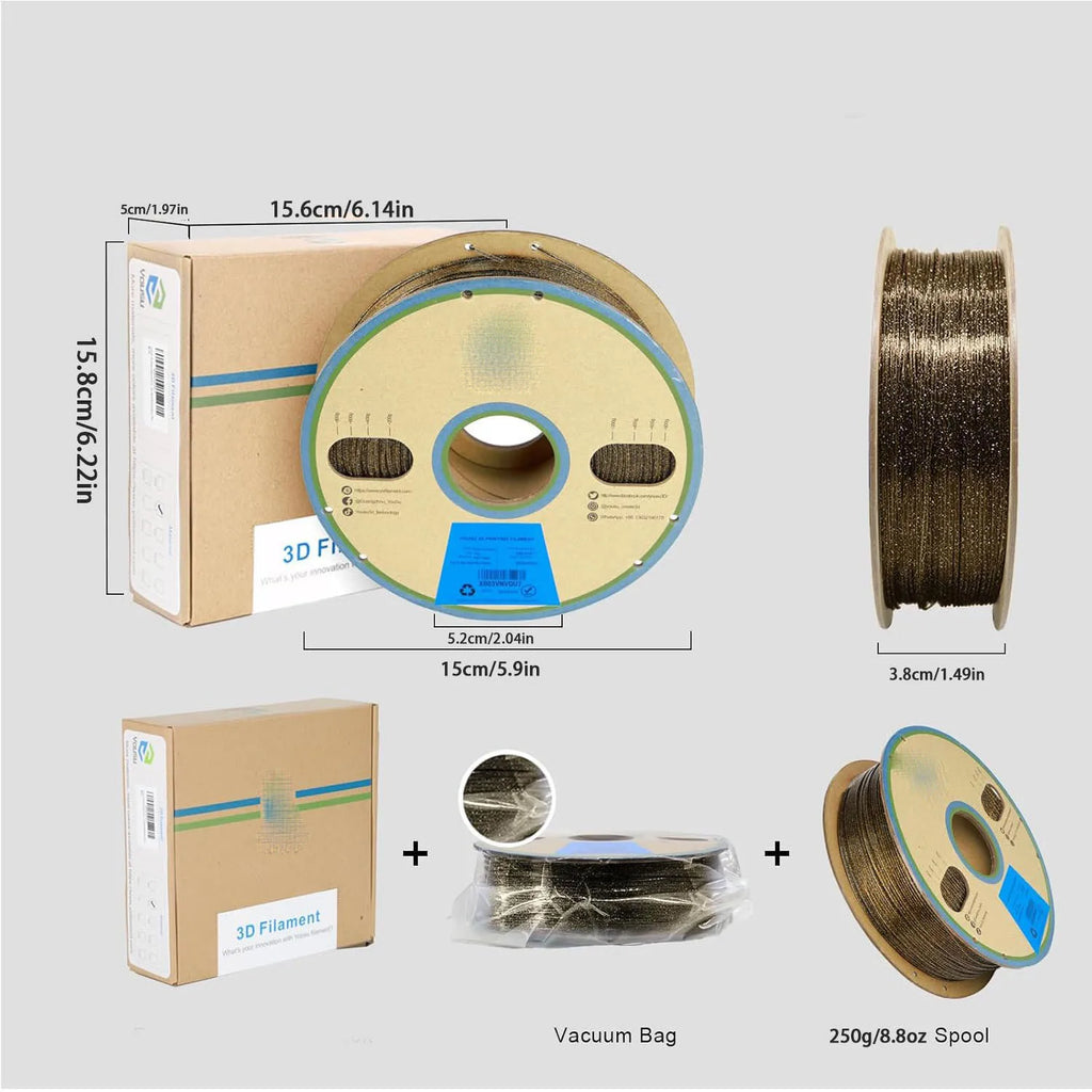 Gold glitter PLA filament 250g spool with boxed packaging and vacuum bag