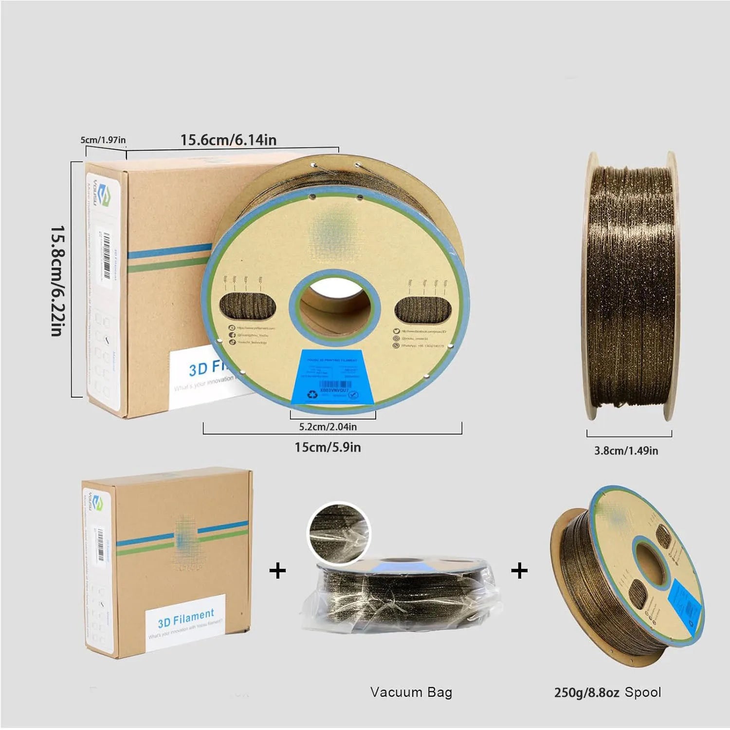 Gold glitter PLA filament 250g spool with boxed packaging and vacuum bag