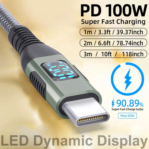 Green USB-C to USB-C fast-charging cable with braided sleeve and built-in LED display