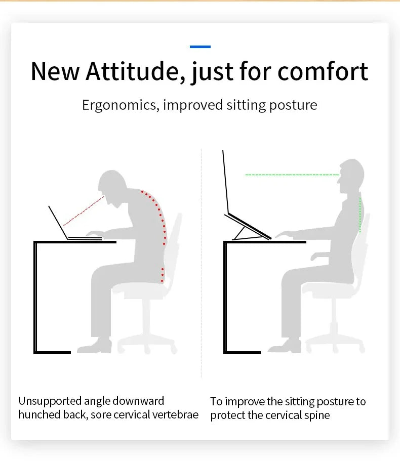 Ergonomic laptop stand with adjustable height and tilt to reduce hunching.