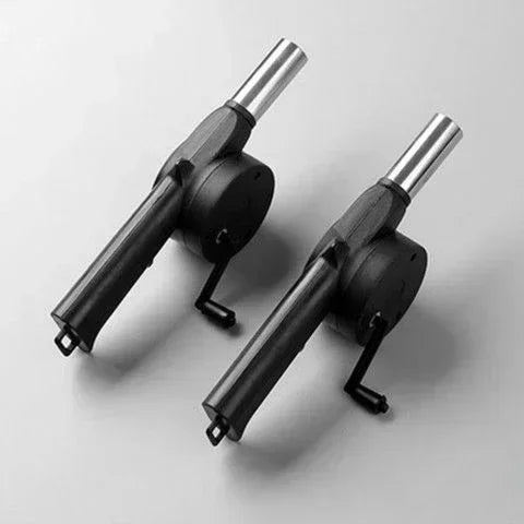 Two-view set of portable manual BBQ air blower with crank handle and silver tube