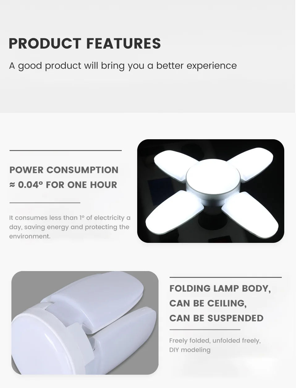Foldable LED fan lamp body, white casing with four-blade fan head
