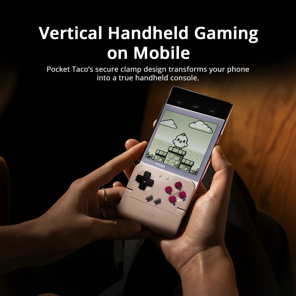 Cream vertical handheld mobile game controller held with phone attached, D-pad and purple buttons