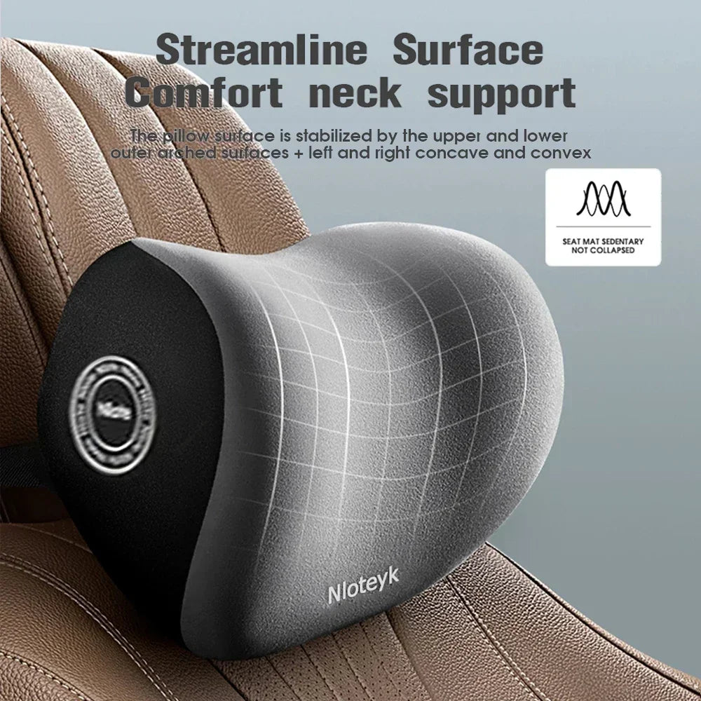 Black contoured neck support headrest cushion with grid panel, for car seat
