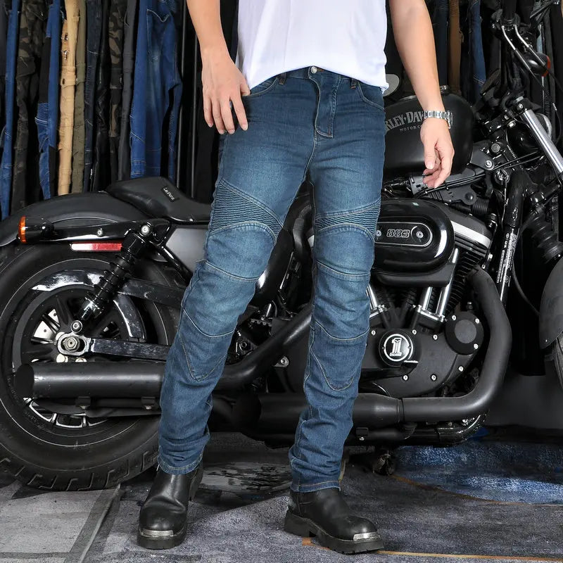 Blue motorcycle riding jeans with padded knee and thigh armor panels