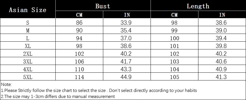 Size chart table with bust and length measurements for dress sizes S–5XL