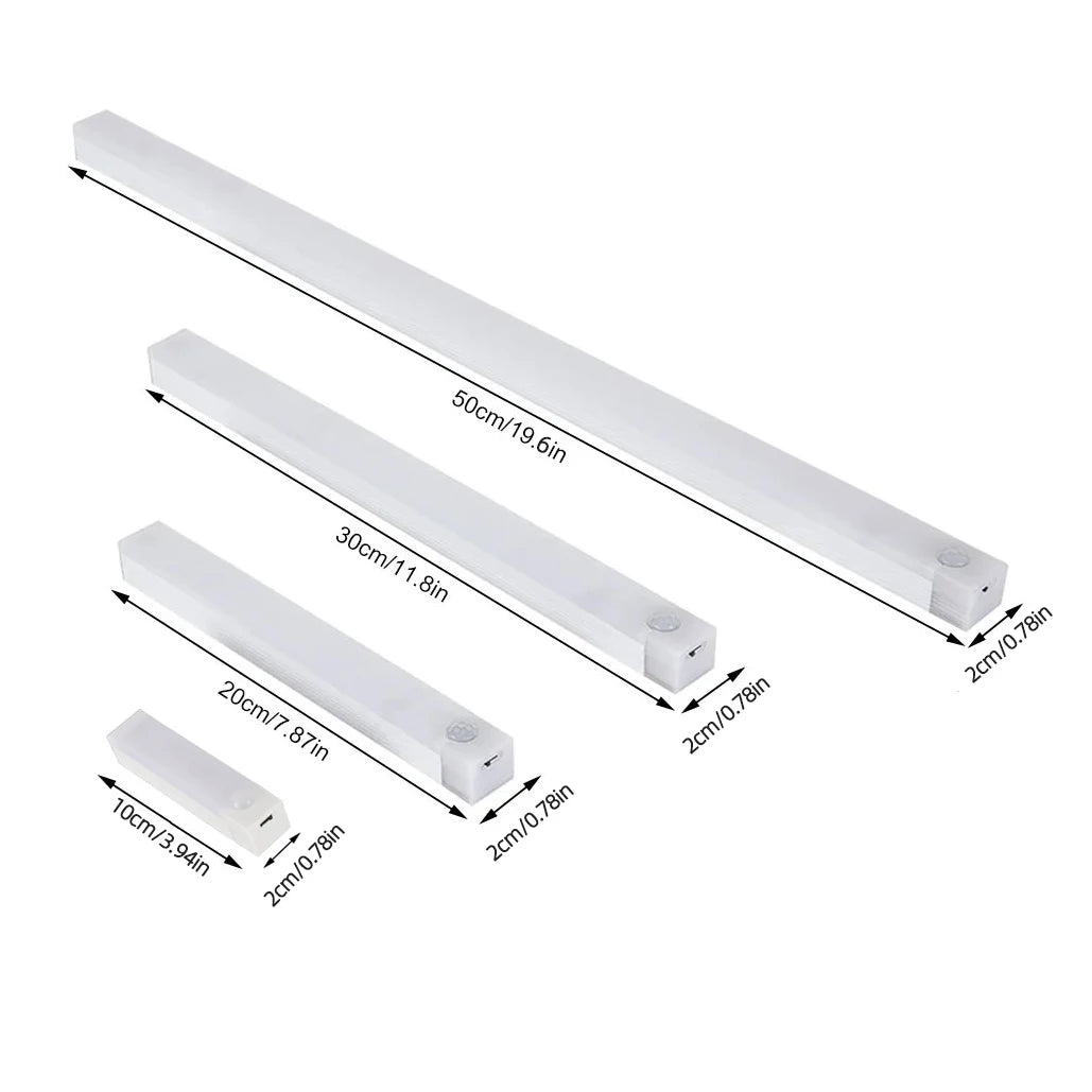 Motion sensor LED strip night light, set of slim white bars with size measurements
