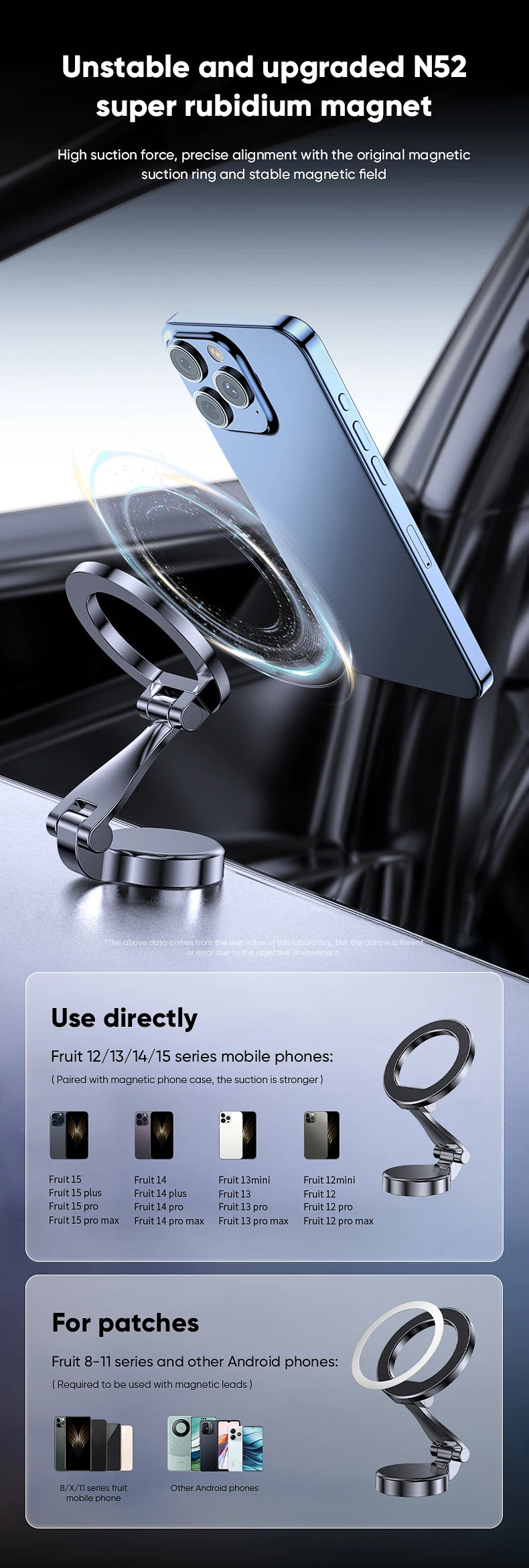 Magnetic car phone holder with angled mount and circular ring, black