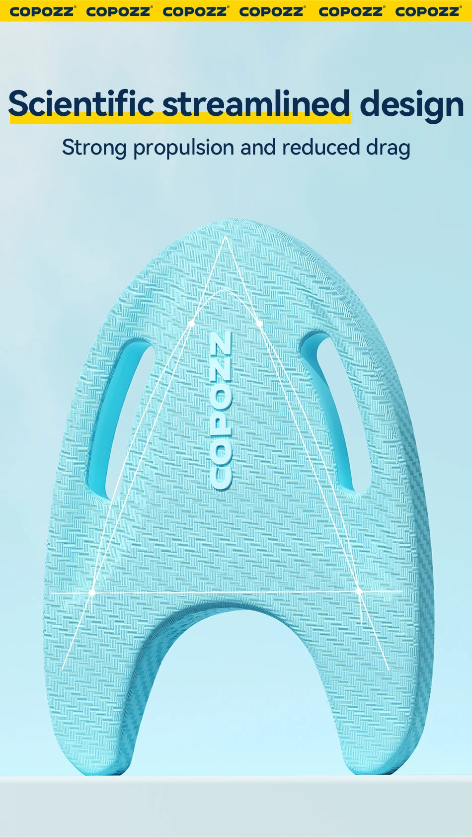 Turquoise EVA swimming float board front view with two side handle cutouts