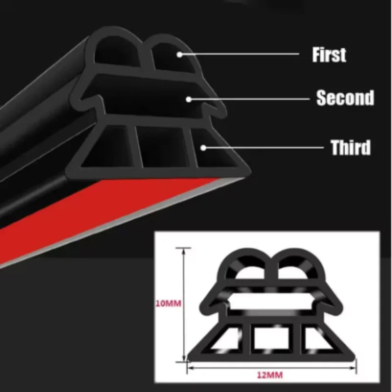 Black 3-layer seal strip cross-section with triple channels, 10mm and 12mm shown