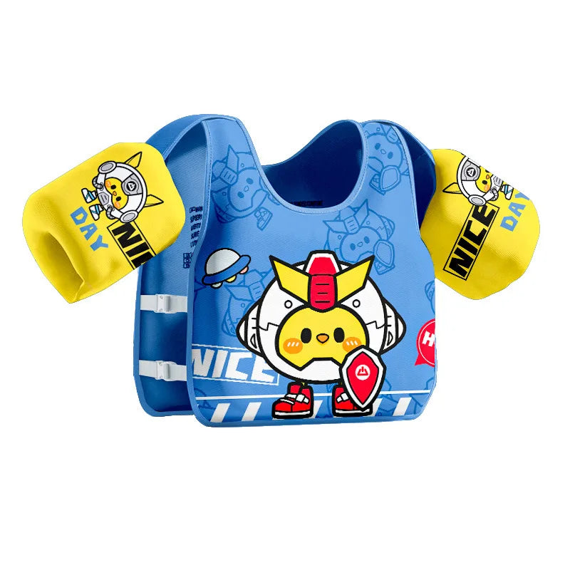 Blue kids swim buoyancy vest with yellow arm float sleeves and “NICE” print, front straps