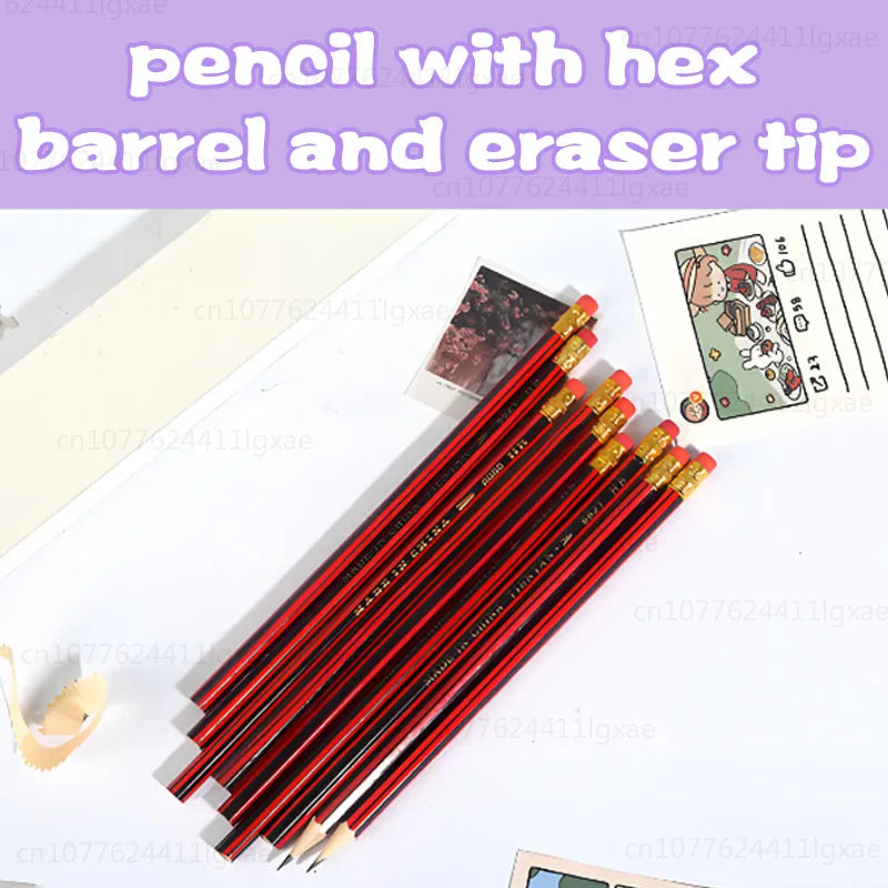 Set of red-and-black HB wooden sketch pencils with yellow ferrules and eraser tips.