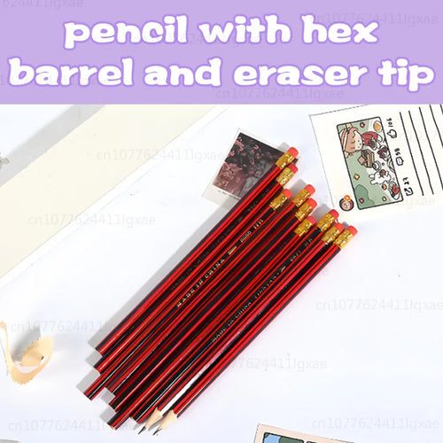 Set of red-and-black HB wooden sketch pencils with yellow ferrules and eraser tips.