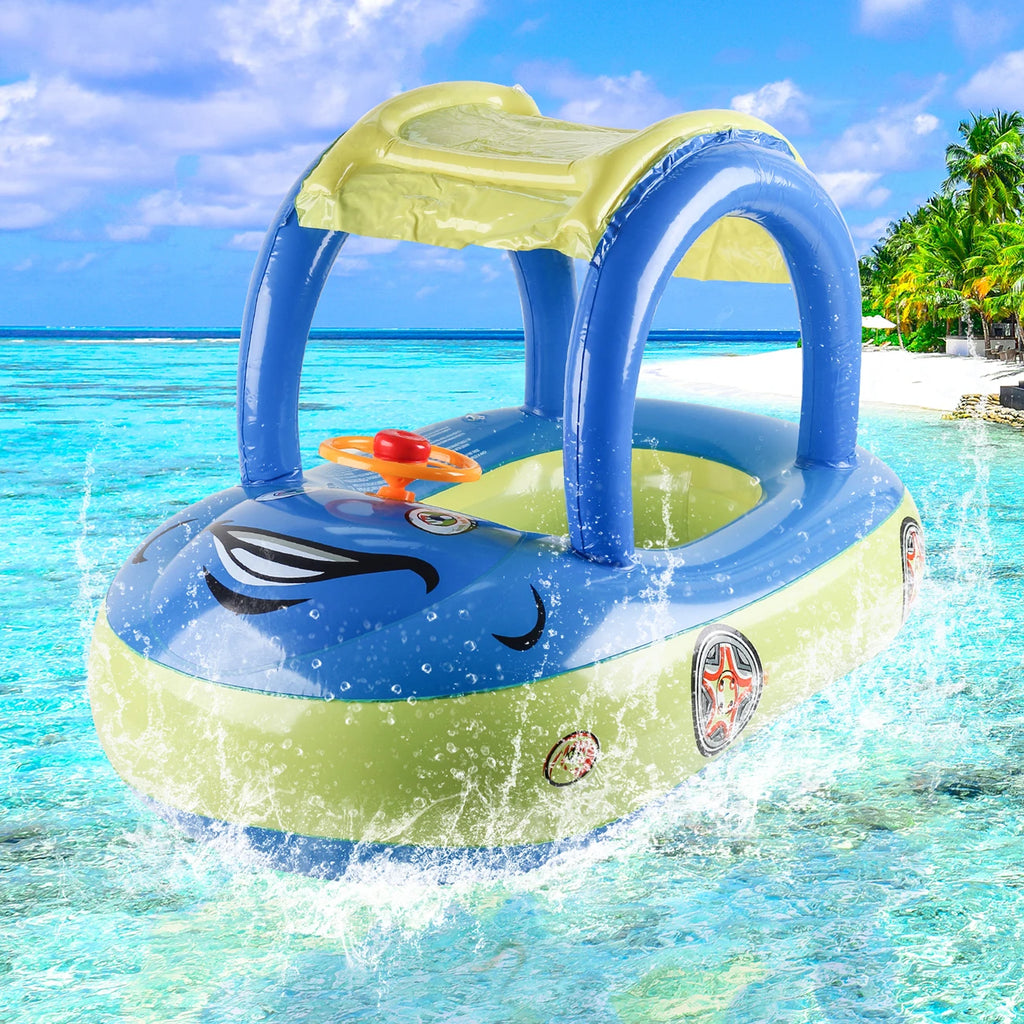 Blue and lime inflatable car-shaped pool float with clear canopy arch and steering ring