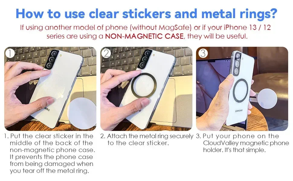 Magnetic phone holder with metal ring and clear stickers for installation on a case