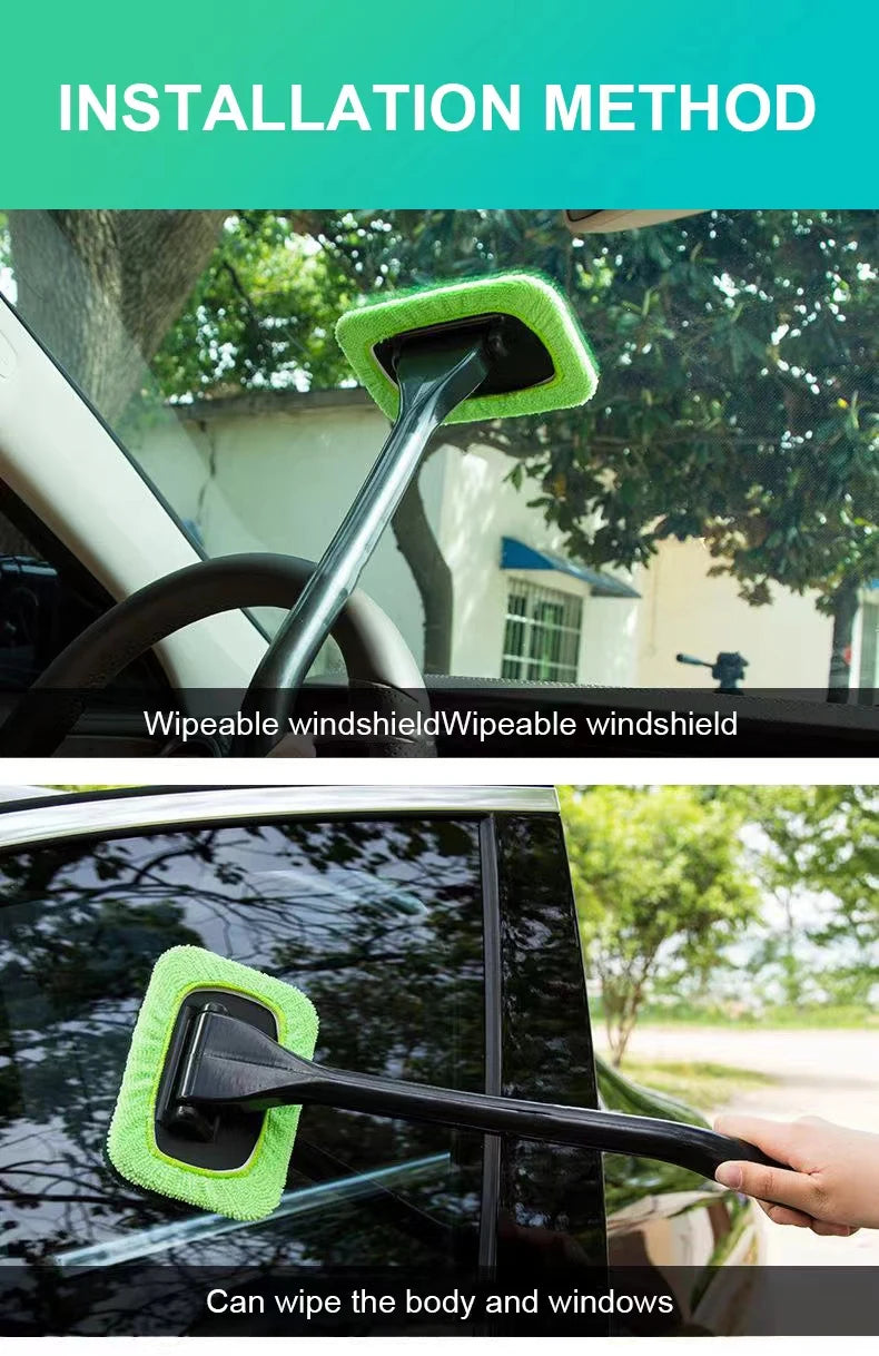 Windshield cleaning brush with green microfiber pad and black handle, installation steps