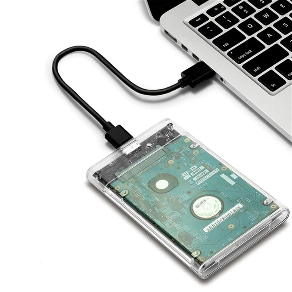2.5-inch transparent HDD enclosure case holding a bare hard drive PCB