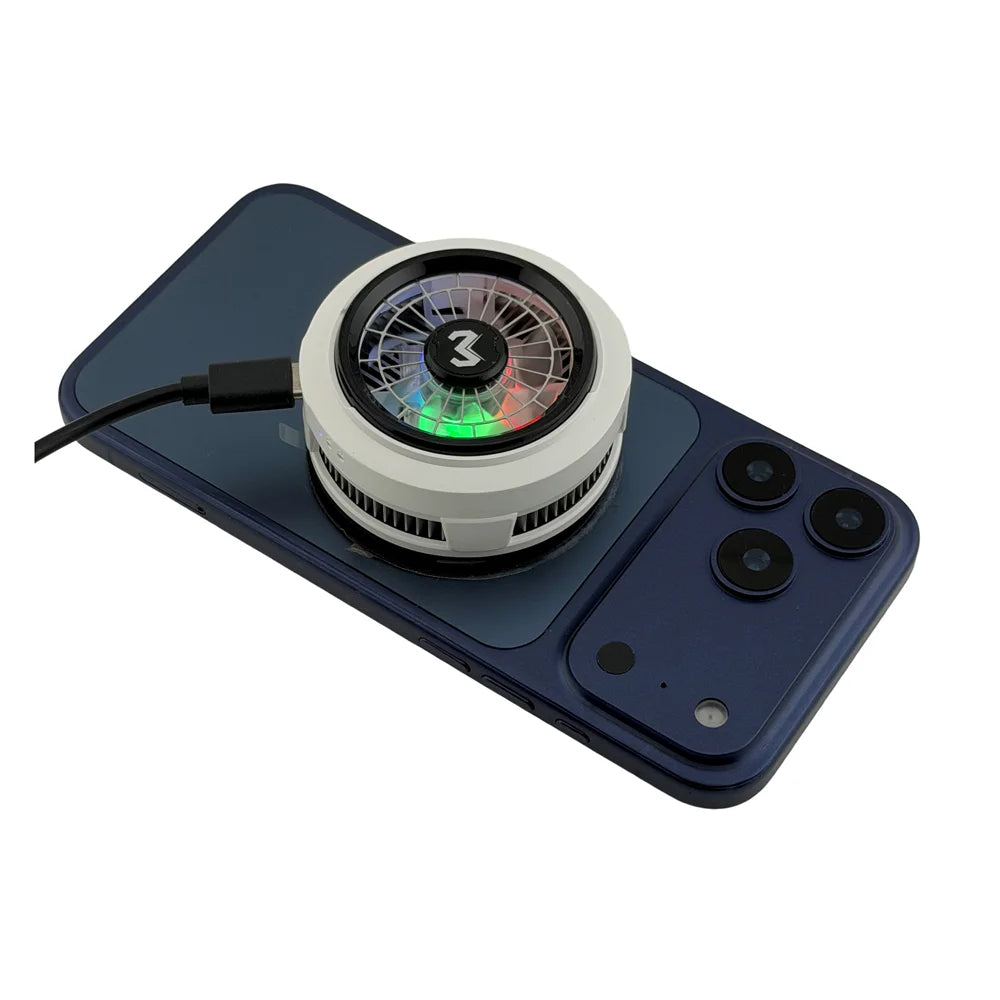 Black phone cooler with white housing, RGB fan, and magnetic clip mount