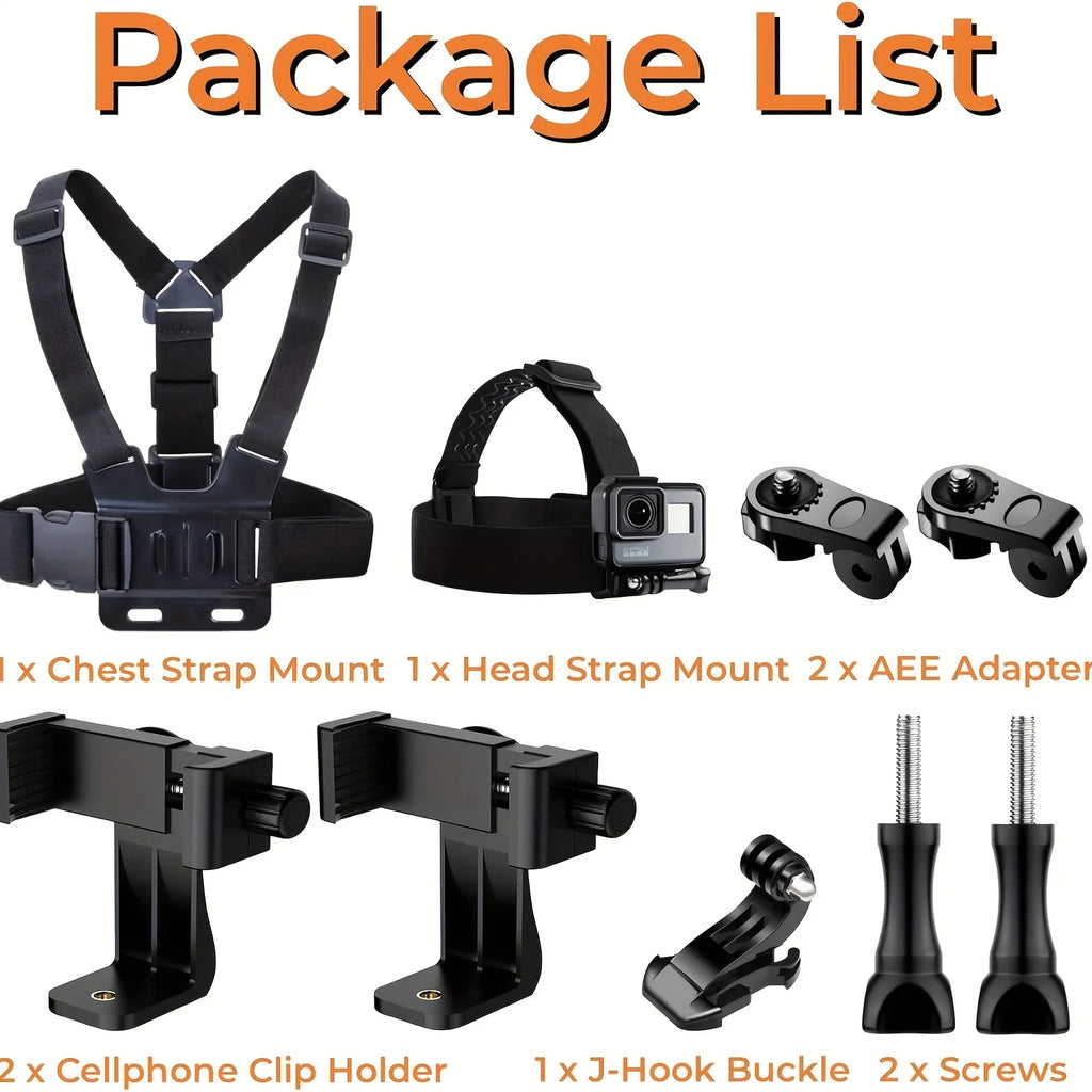 Package contents: black chest strap mount, head strap mount, clip holders, and adapters