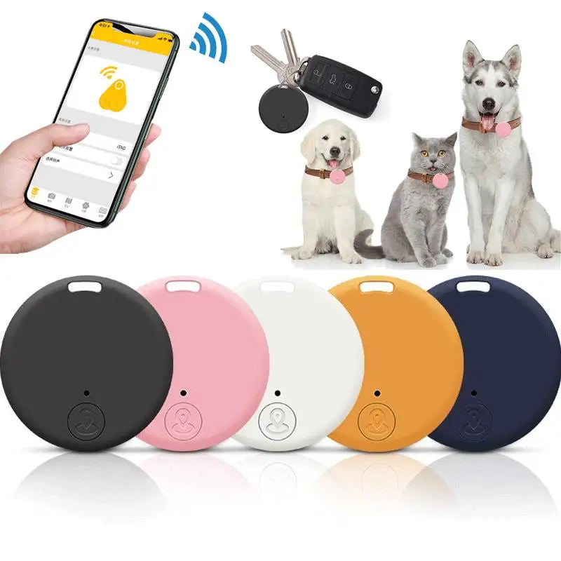 Set of round Bluetooth tracker tags in black, pink, white, orange, and dark blue
